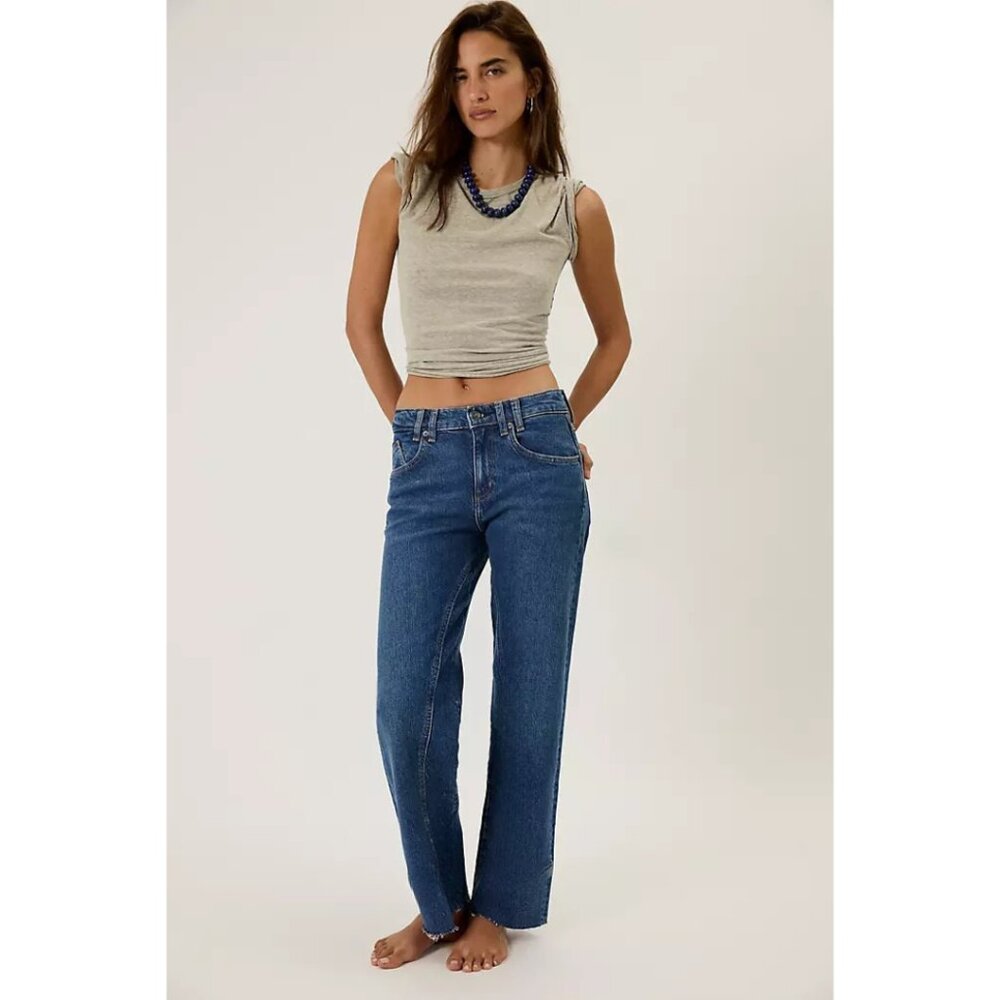 Free People Jeans Straight Leg Distressed Details Raw Hem Dark Wash Size 30